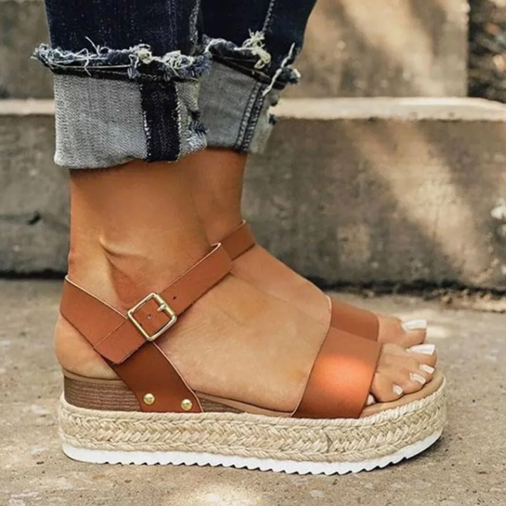 Tan double strap espadrille sandal